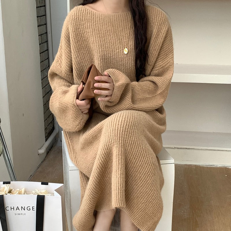 Damen langes Strickkleid mit weitem Schnitt und feiner Rippstruktur Drune