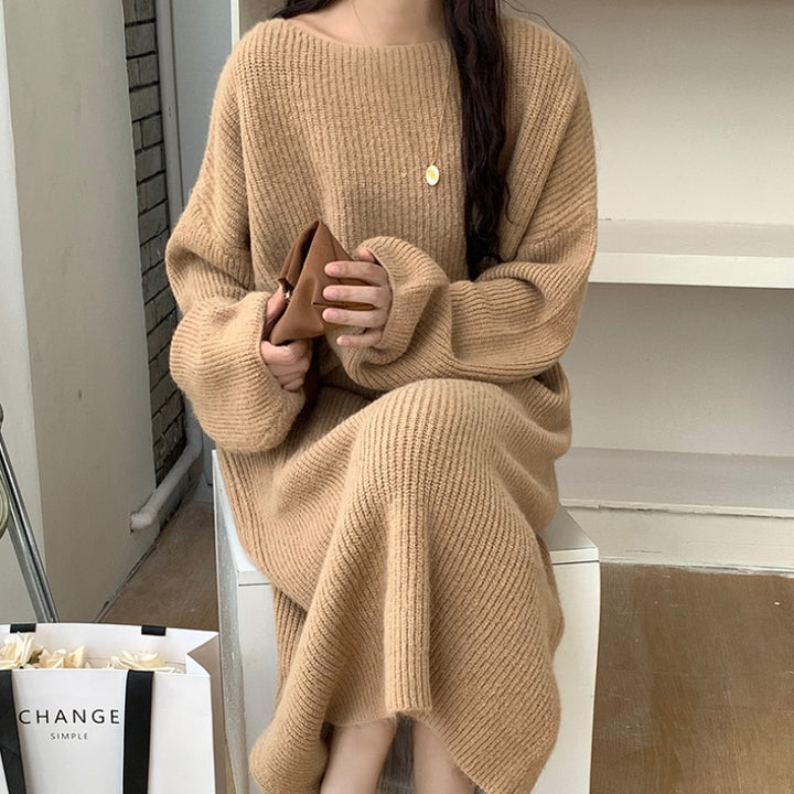 Damen langes Strickkleid mit weitem Schnitt und feiner Rippstruktur Drune