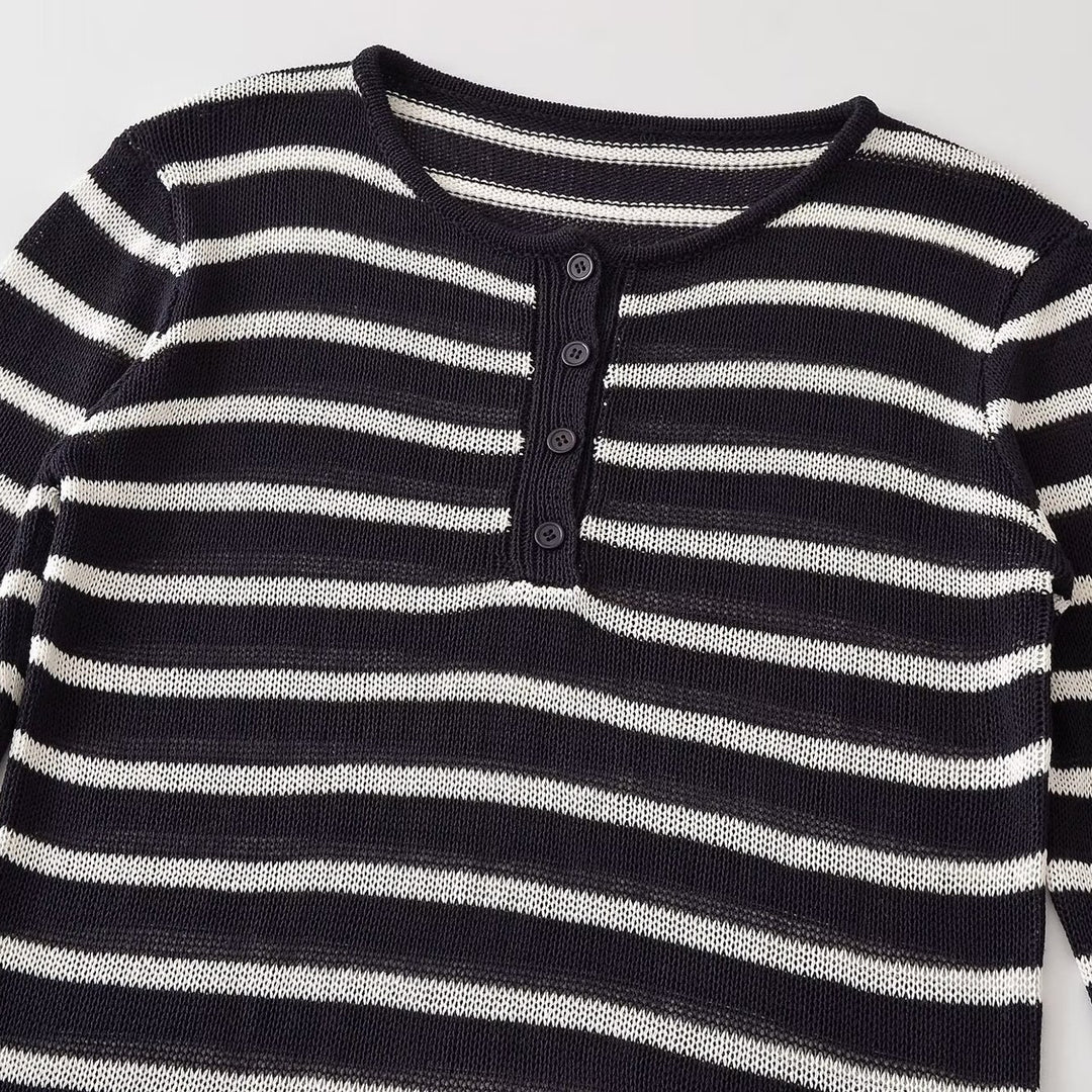 Damen Gestreifter Leichter Feinstrick‑Henley mit Knopfleiste Drune