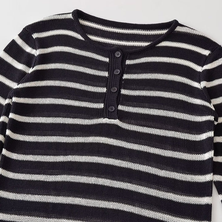 Damen Gestreifter Leichter Feinstrick‑Henley mit Knopfleiste Drune