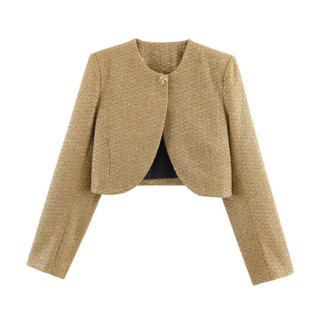 Damen Kurzgeschnittene Bouclé-Cropped-Jacke mit Rundhalsausschnitt und Ein-Knopf-Verschluss Drune