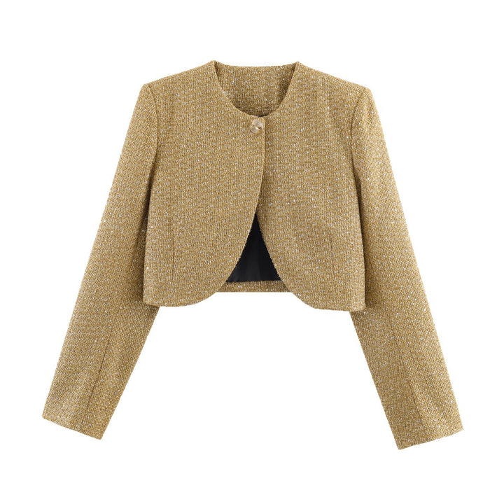 Damen Kurzgeschnittene Bouclé-Cropped-Jacke mit Rundhalsausschnitt und Ein-Knopf-Verschluss Drune