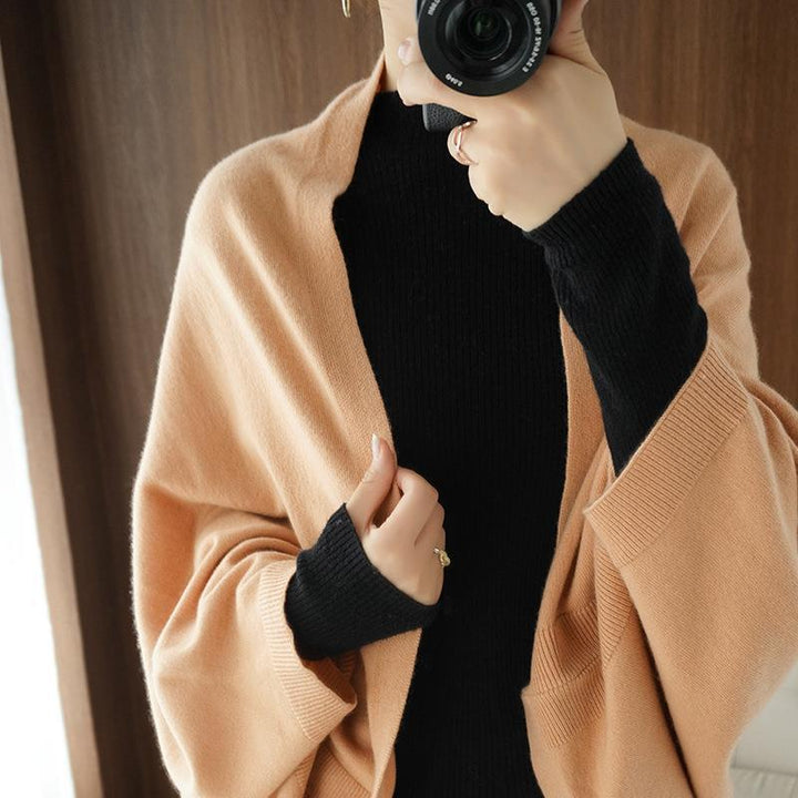 Damen Langer offener Kaschmir‑Look Strick-Wrap mit überschnittener Ärmelpartie Drune