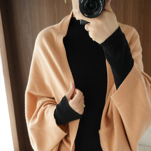 Damen Langer offener Kaschmir‑Look Strick-Wrap mit überschnittener Ärmelpartie Drune