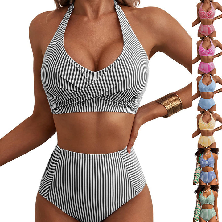 Damen Hochbundiger Streifen-Bikini Drune