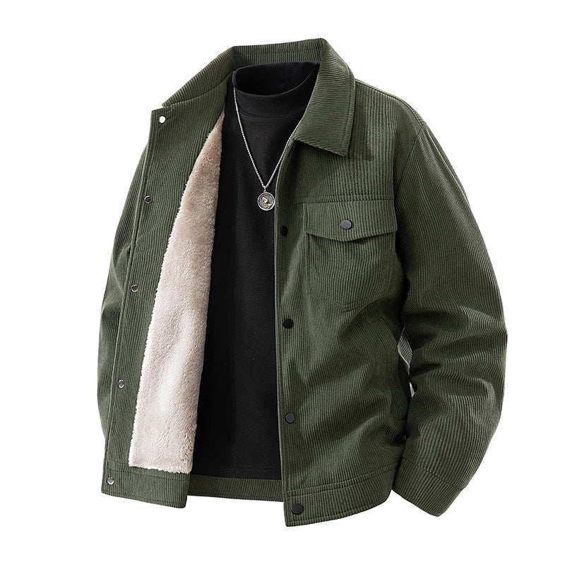 Männliche -Cord-Jacke mit Kunstschafsleder-Futter und Druckknopfverschluss Drune