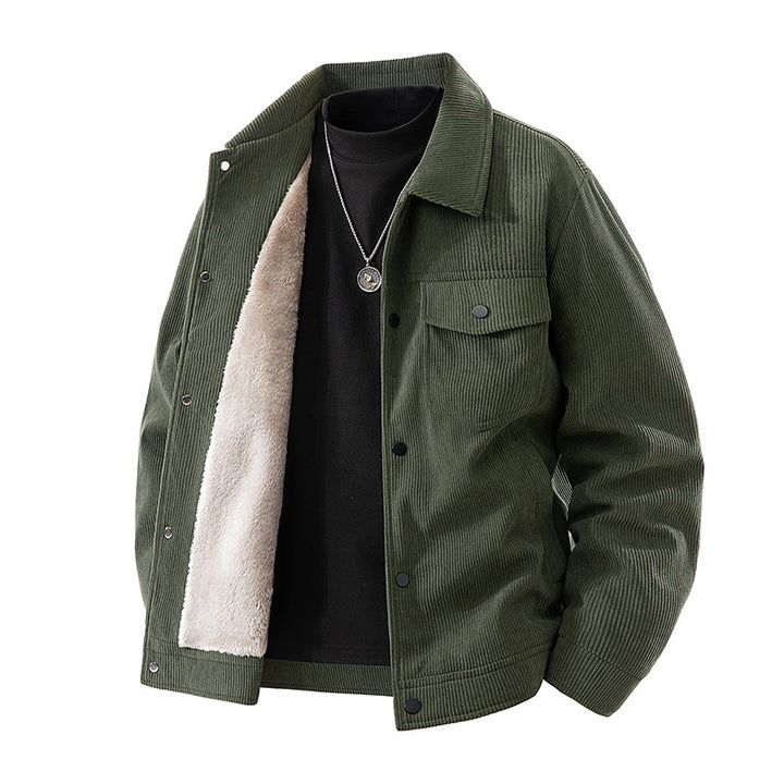 Männliche -Cord-Jacke mit Kunstschafsleder-Futter und Druckknopfverschluss Drune