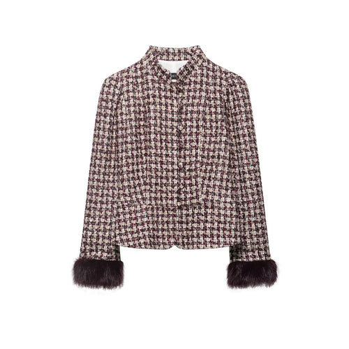 Damen Kurz geschnittener Bouclé‑Tweed‑Blazer mit Stehkragen und Fellmanschetten Drune