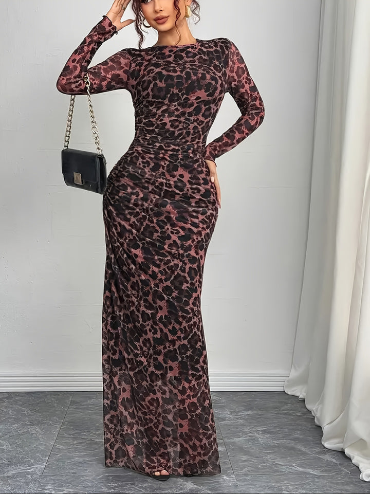 Damen nan figurbetontes Maxikleid mit Animal-Print geraffter Taille und langen Ärmeln Drune