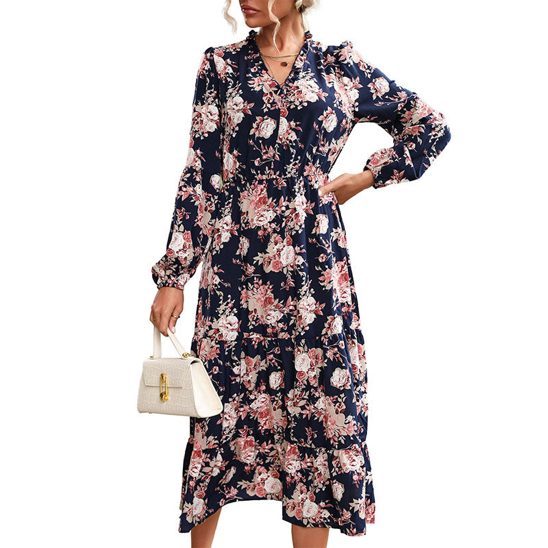 Damen Blumiges Viskose-Midikleid mit V‑Ausschnitt, Taillennaht und Stufenrock Drune