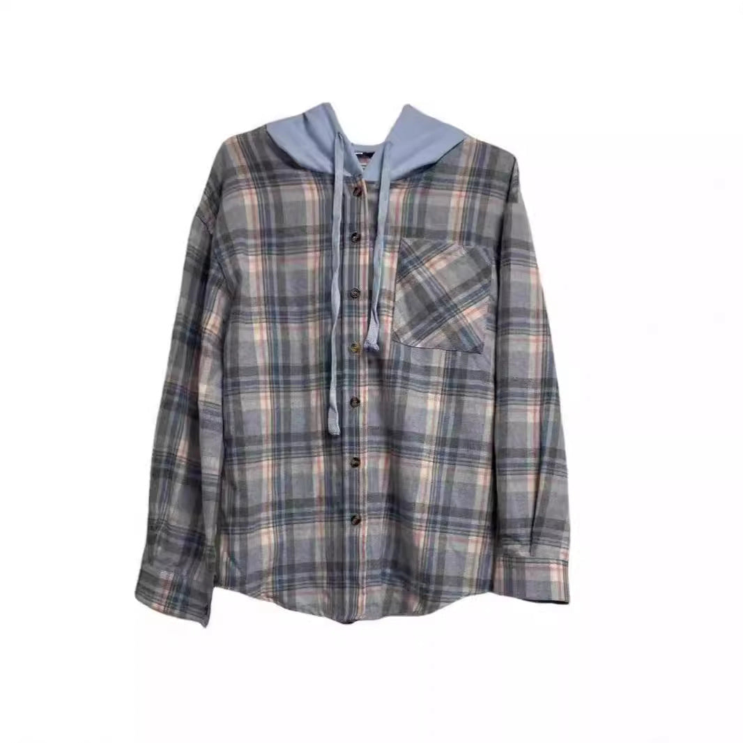 Damen nostalgische Karobluse mit Kapuze und Knopfverschluss Drune