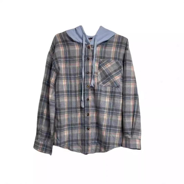 Damen nostalgische Karobluse mit Kapuze und Knopfverschluss Drune