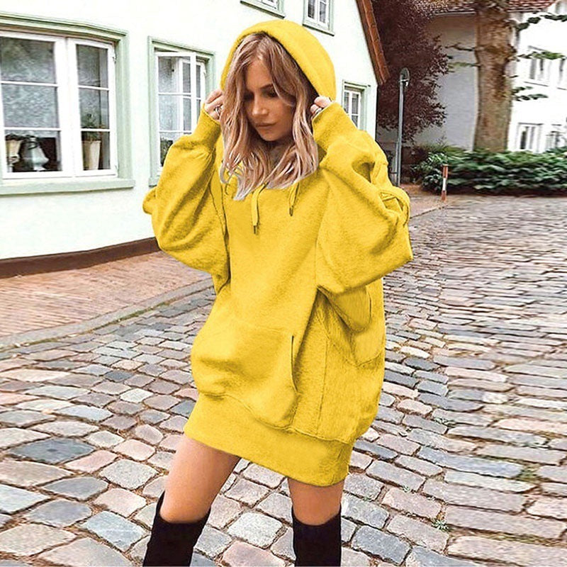 Damen Oversize Kapuzenkleid mit Kängurutasche Drune