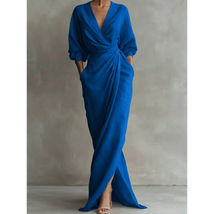 Damen Drapiertes Wickel-Maxikleid mit tiefem V-Ausschnitt, Taillen-Twist und Eingrifftaschen Drune