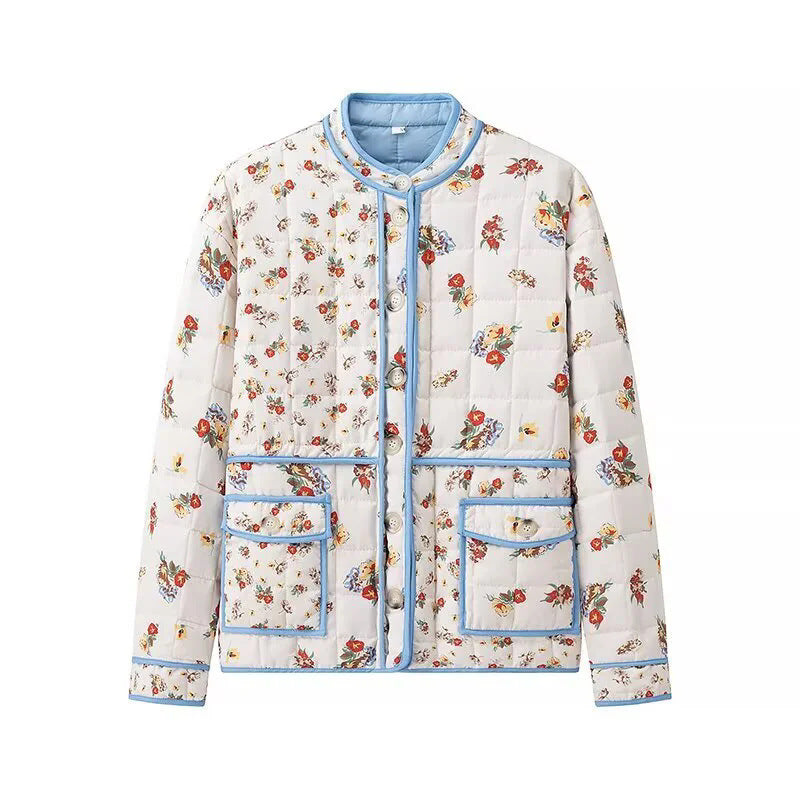 Damen nan gesteppte Boxy-Jacke mit floralem Alloverprint, kontrastierender Paspel und aufgesetzten Klappentaschen Drune