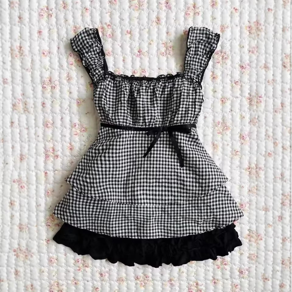 Damen Rüschenshirt mit Gingham-Muster und elastischen Trägern Drune