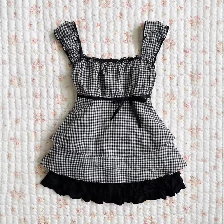 Damen Rüschenshirt mit Gingham-Muster und elastischen Trägern Drune