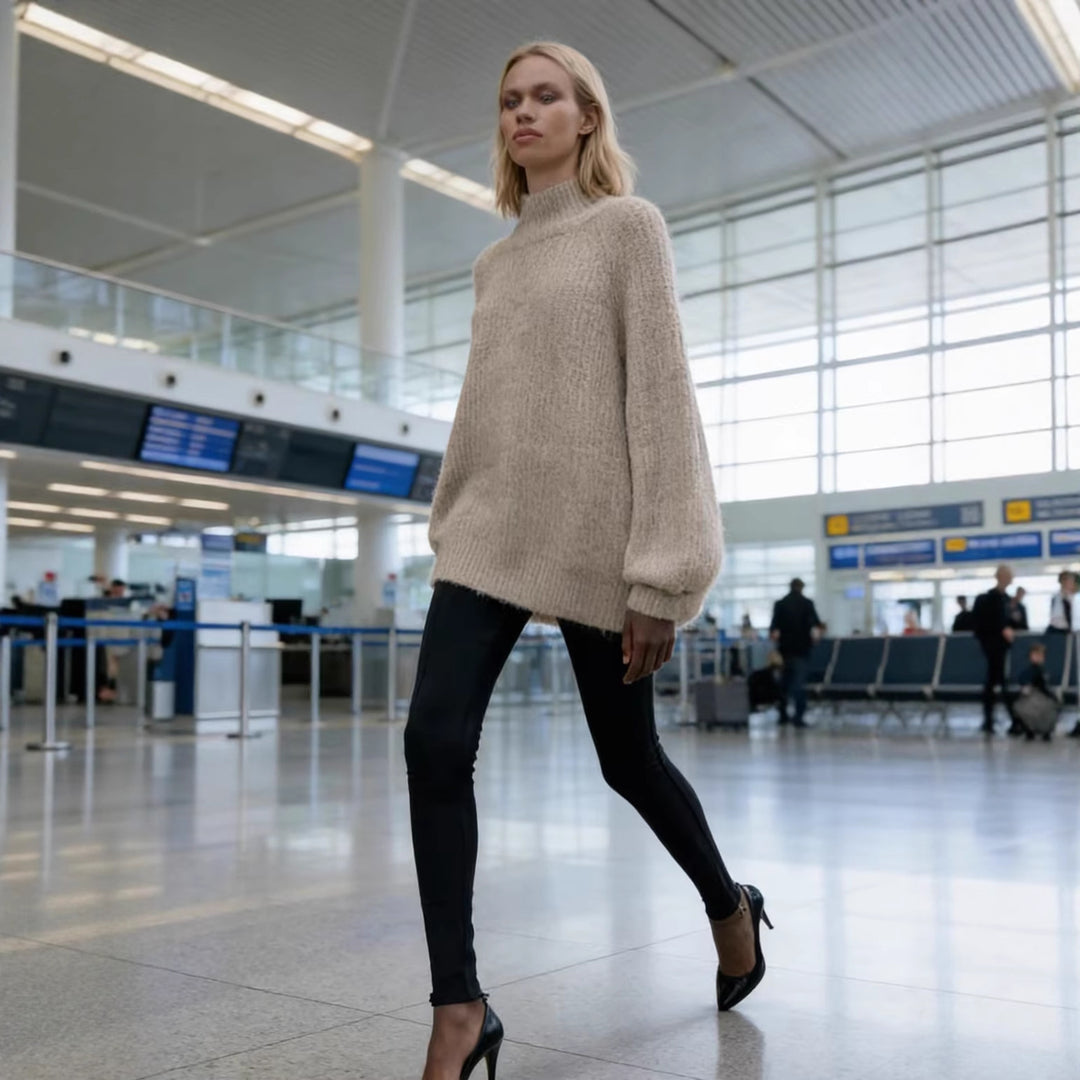 Damen Oversize Mohair-Optik Strickpullover mit Stehkragen und Ballonärmeln Drune