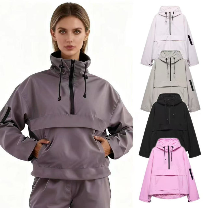 Damen nan winddichter Oversize Anorak mit Halbzip, Kängurutasche und verstellbarer Kapuze Drune