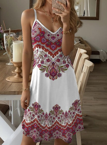 Damen Spaghetti-Träger Kleid mit stilvollem Paisleymuster und A-Linien Schnitt Drune
