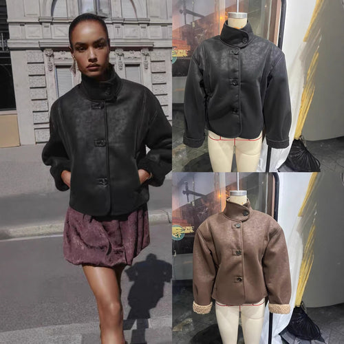 Damen Kurz geschnittene Kunstlammfelljacke mit Stehkragen, Knopfverschluss und umschlagbaren Faux-Fur-Manschetten Drune