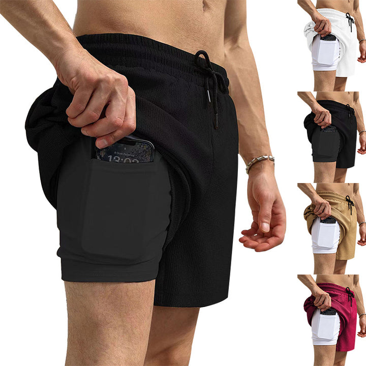 Herren nan zweilagige Schwimmshorts mit innerer Kompressionshose und seitlicher Smartphone-Tasche Drune