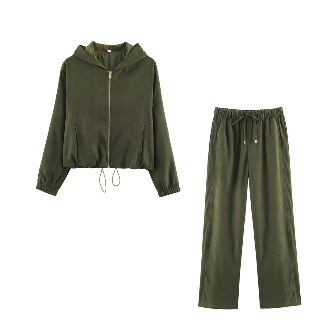 Damen Jersey‑Zweiteiler mit kurzer Kapuzenjacke, Kordelzug und gerader Komforthose Drune