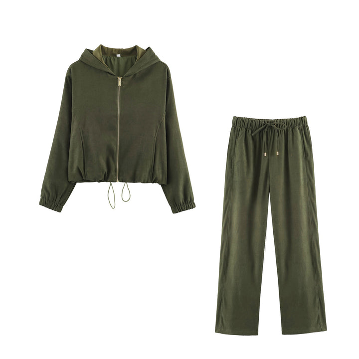 Damen Jersey‑Zweiteiler mit kurzer Kapuzenjacke, Kordelzug und gerader Komforthose Drune