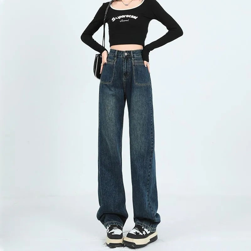 Damen Weit geschnittene Denim-Hose mit hohen Taschen Drune