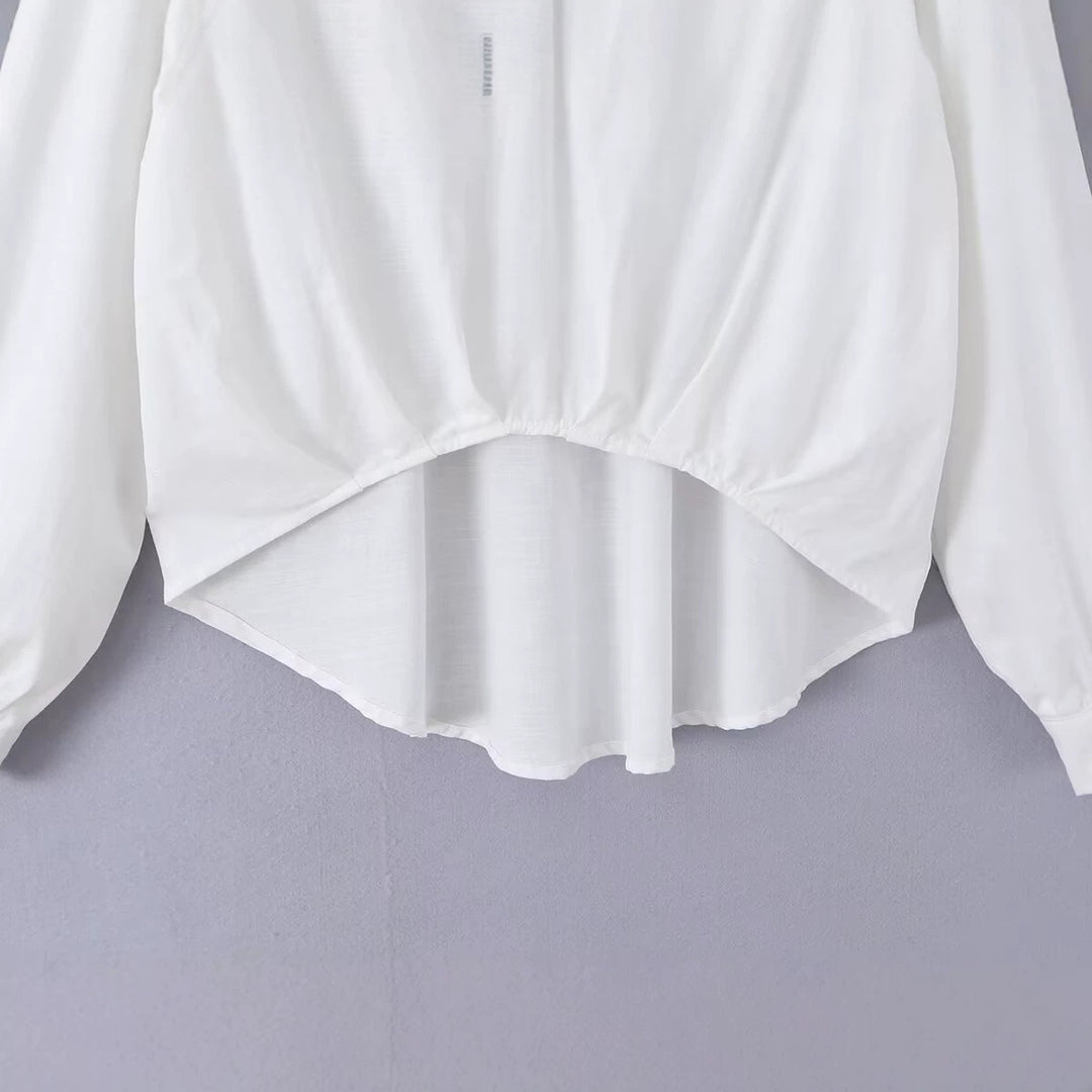 Damen Weite Bluse mit V‑Ausschnitt, Hemdkragen und gerafftem Hoch-Tief-Saum Drune