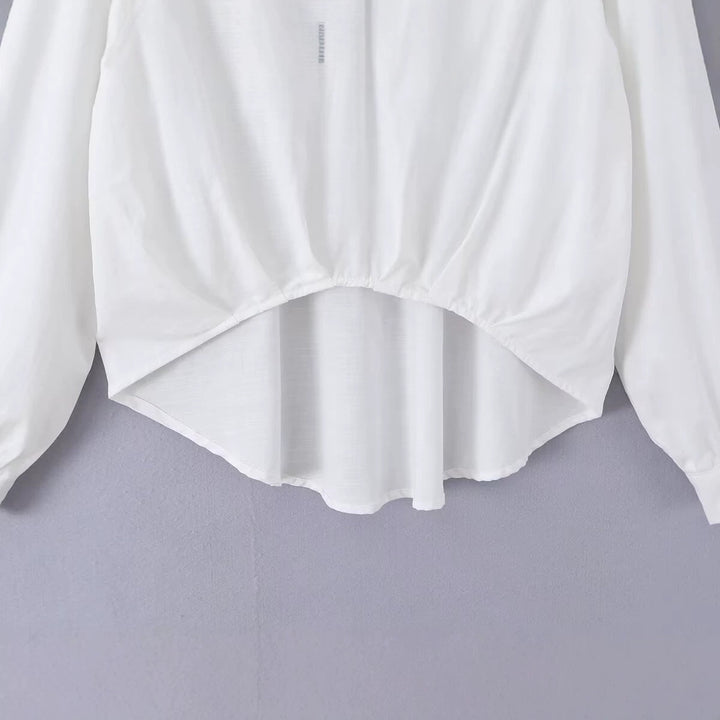 Damen Weite Bluse mit V‑Ausschnitt, Hemdkragen und gerafftem Hoch-Tief-Saum Drune