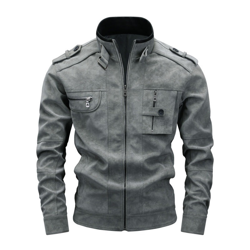 Herren Wildlederoptik-Fieldjacke mit Stehkragen, Schulterklappen und multiplen Reißverschlusstaschen Drune