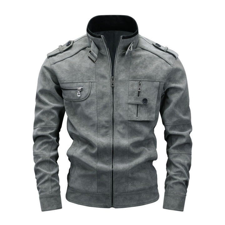 Herren Wildlederoptik-Fieldjacke mit Stehkragen, Schulterklappen und multiplen Reißverschlusstaschen Drune