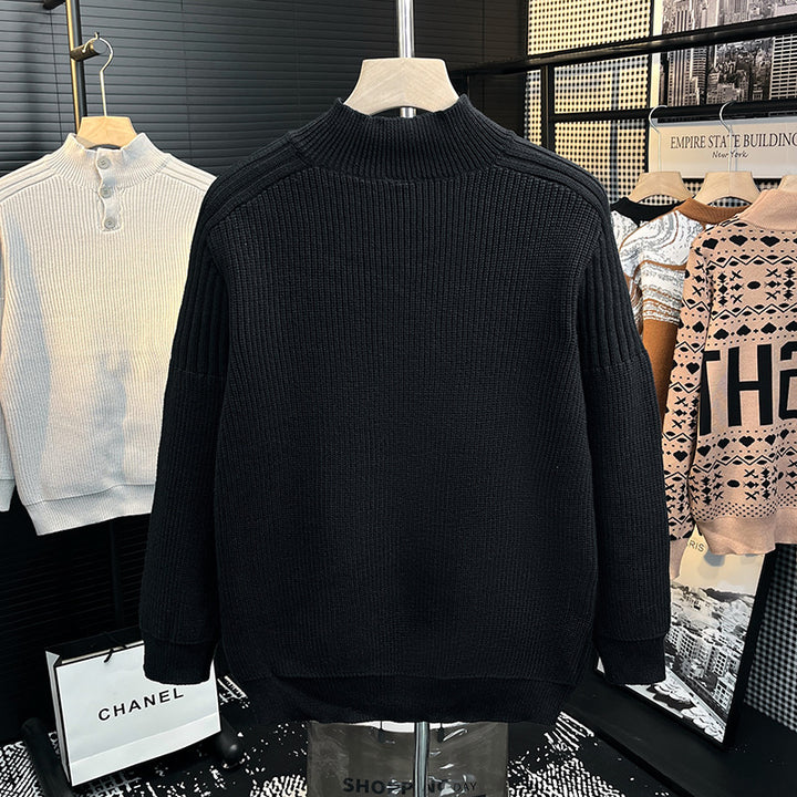 Herren Grobstrick-Pullover mit halber Knopfleiste und hohem Stehkragen Drune