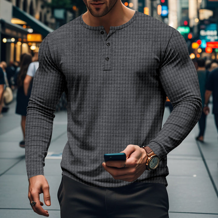 Herren nan figurbetontes Langarmshirt mit Rundhals-Knopfleiste und Waffelstruktur Drune