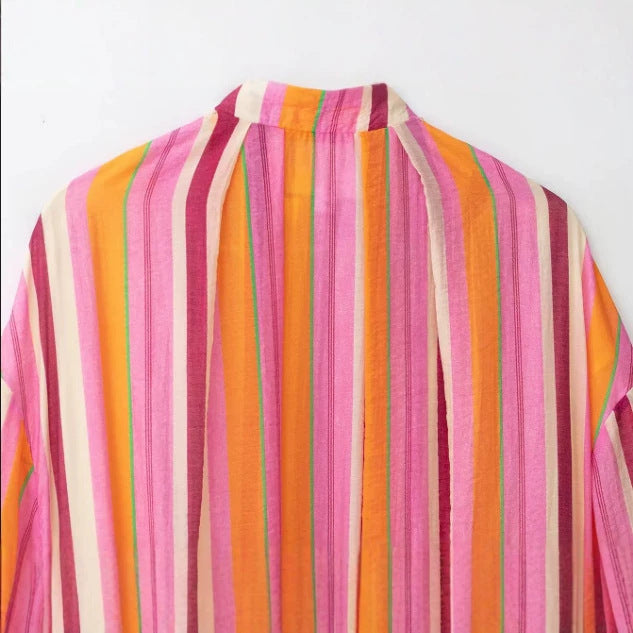 Damen Leichte gestreifte Cropped‑Bomberjacke mit Ballonärmeln und Reißverschluss Drune
