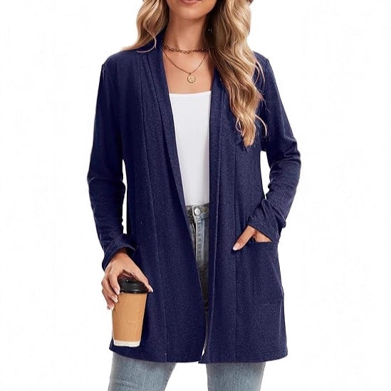 Damen lässiger Langarm-Cardigan mit offenen Front und Taschen Drune