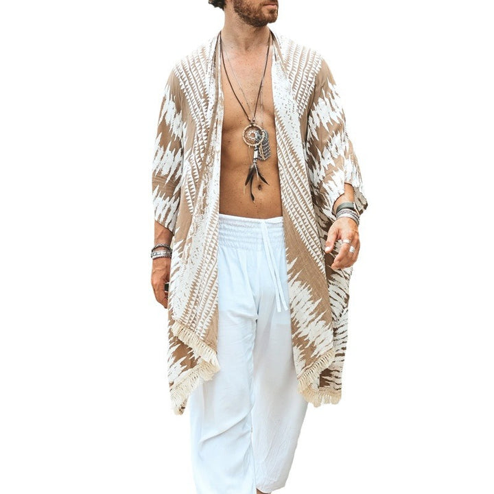 Herren Leichter Ethno-Strandkaftan mit V-Ausschnitt und Fransen Drune