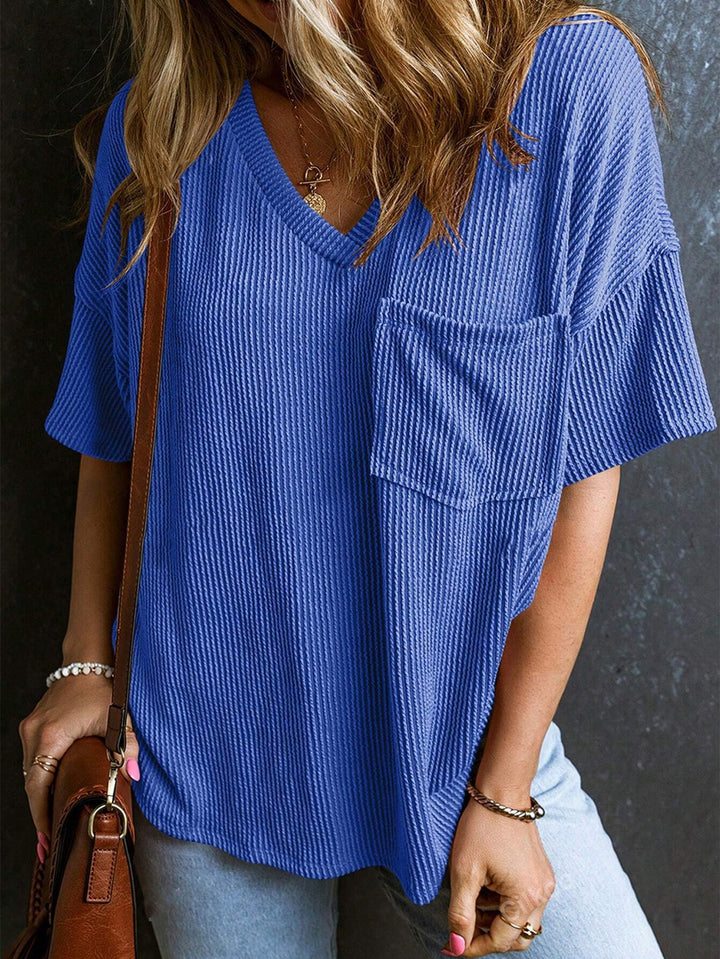 Damen Lässiges Rippstrick Oversize T-Shirt mit V-Ausschnitt und Brusttasche Drune
