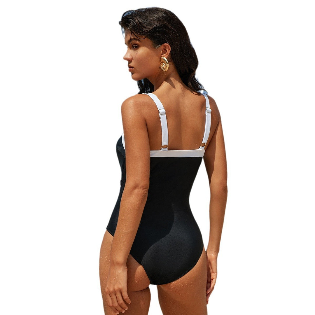 Damen Eleganter Einteiler Badeanzug mit V-Ausschnitt und feinen Kontrastdetails Drune