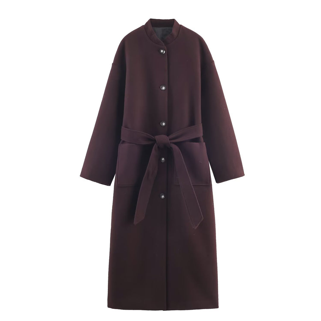 Damen Langer minimalistischer Wollmix-Kimono-Mantel mit Bindegürtel Drune