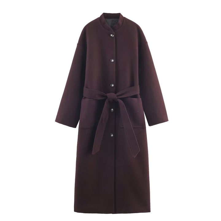 Damen Langer minimalistischer Wollmix-Kimono-Mantel mit Bindegürtel Drune