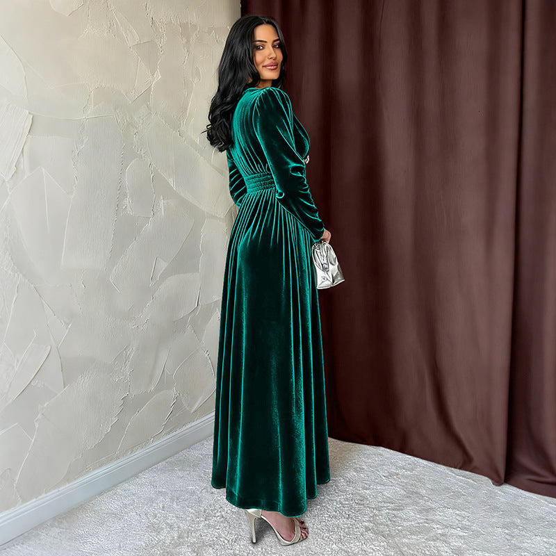 Damen Elegantes Maxikleid mit V-Ausschnitt und Rüschen Drune