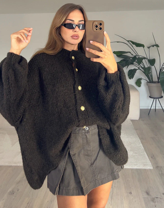 Damen Boucle Cardigan mit oversized Ärmeln und goldenen Knöpfen Drune