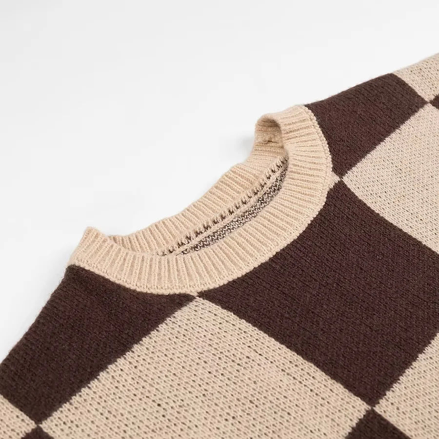 Damen nan oversized Strickpullover mit Schachbrettmuster, geripptem Saum und Rundhalsausschnitt Drune