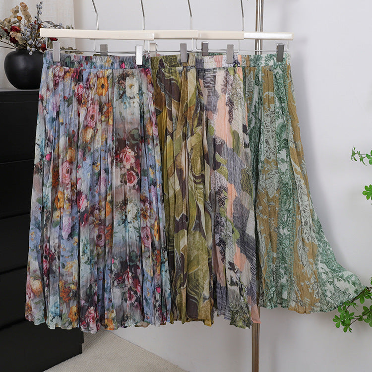 Damen nan fein gefalteter Midirock mit Vintage Blumenprint und elastischem Taillenbund Drune