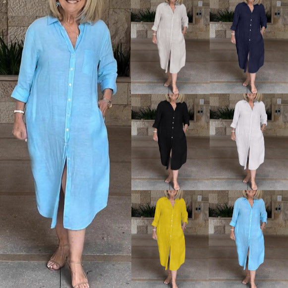 Damen Leichtes Sommerkleid mit Knopfleiste und langen Ärmeln Drune