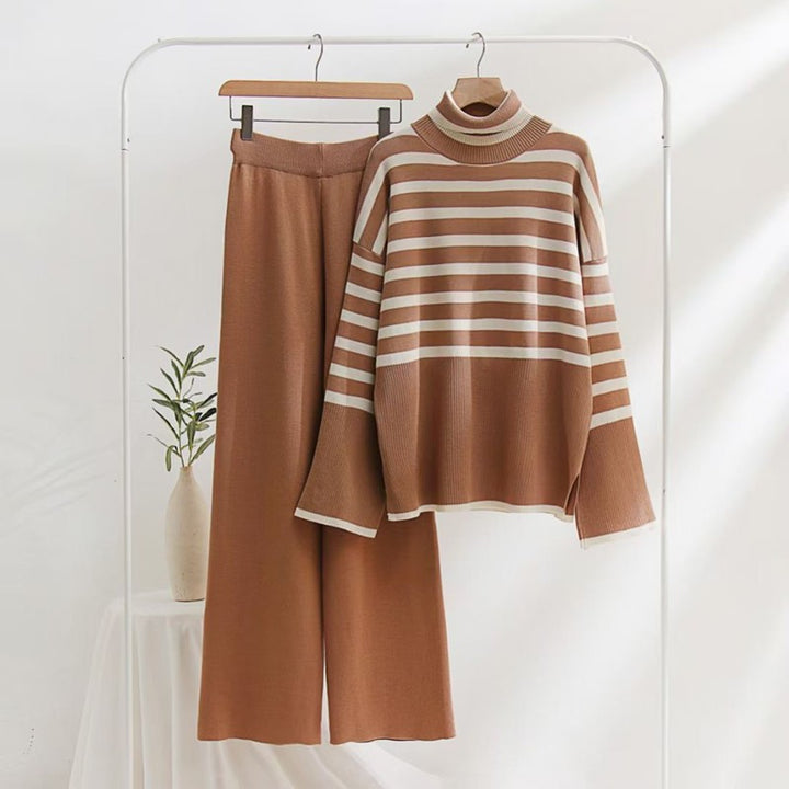 Damen gestreifter Strickpullover mit weiter Passform und hohen Kragen Drune