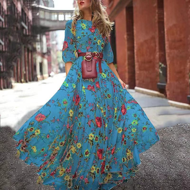 Damen Maxikleid mit floralem Design und voluminösen Ärmeln Drune