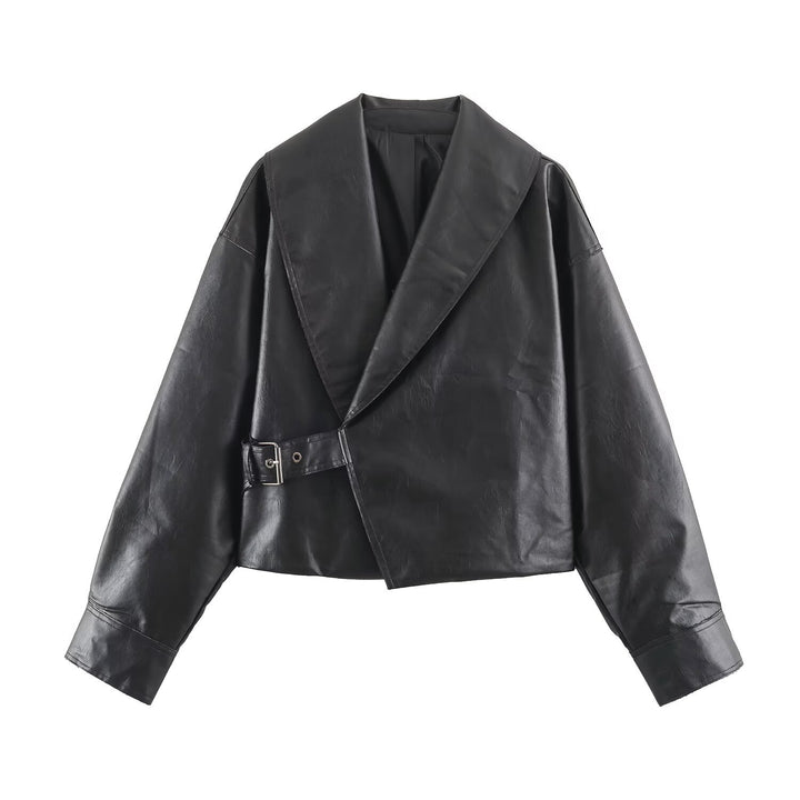 Damen Kurzer Kunstleder-Blouson mit übergroßem Schalkragen und Taillenriemen Drune